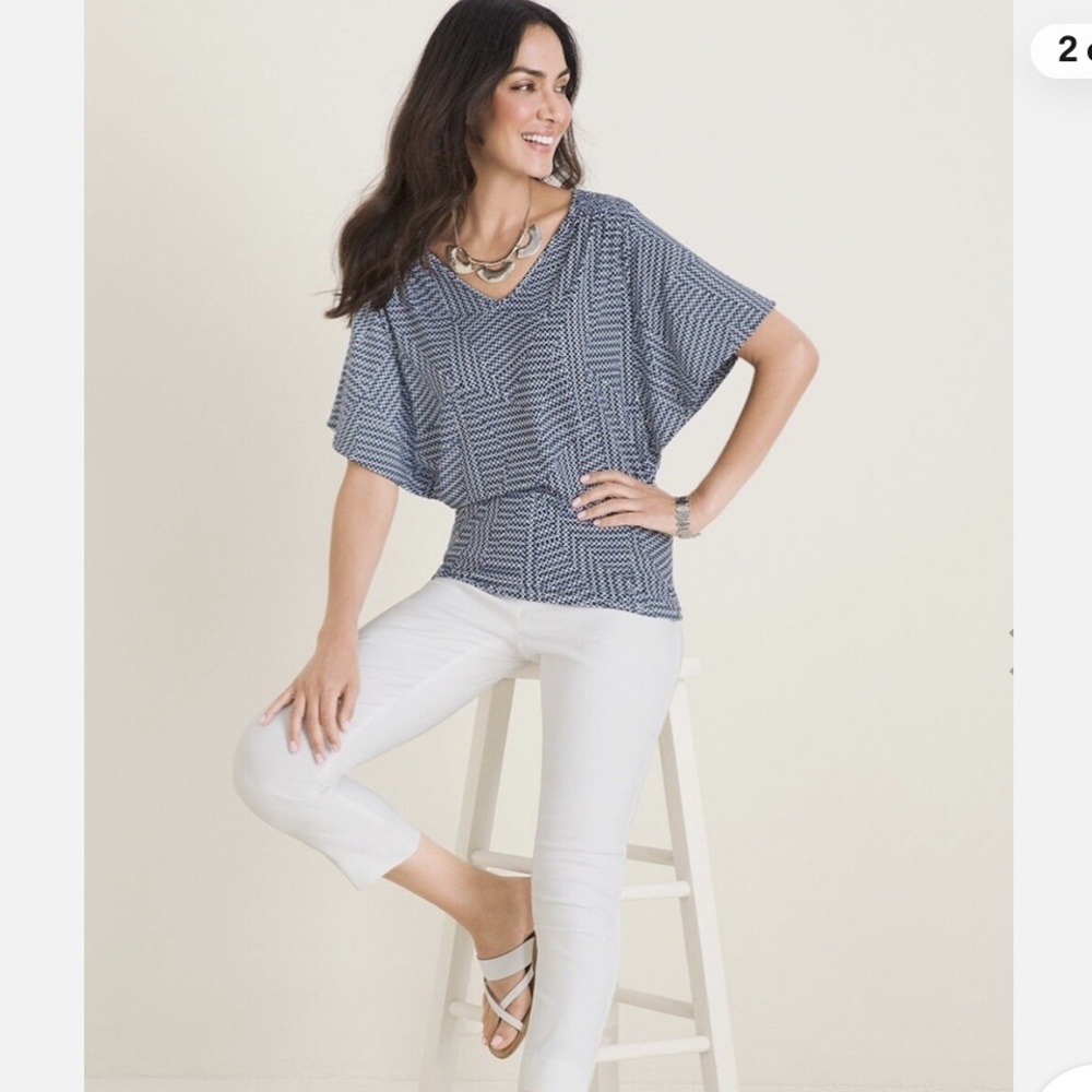 Chico's Indigo & White Geo Flutter Sleeve Knit Top Size XL